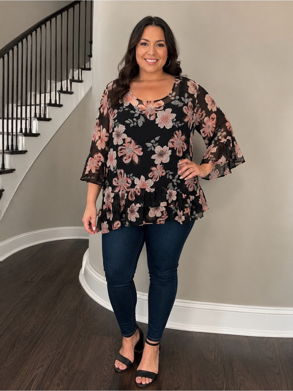 I.N. Studio Black Top with Dusty Rose Floral Print